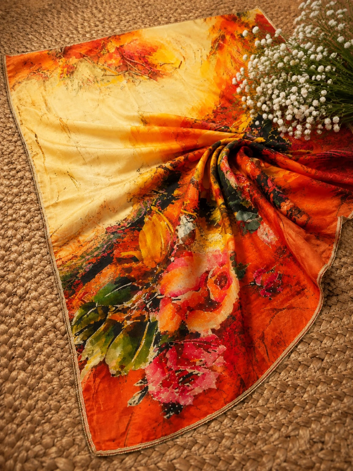 Pure Crepe Designer Print Saree with Abstract Floral Watercolor Pattern and Elegant Silver Border