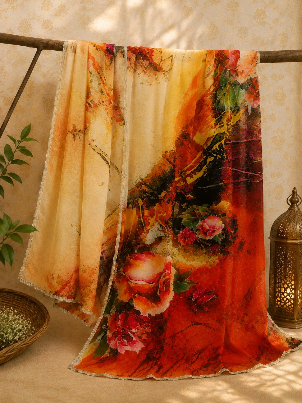 Pure Crepe Designer Print Saree with Abstract Floral Watercolor Pattern and Elegant Silver Border