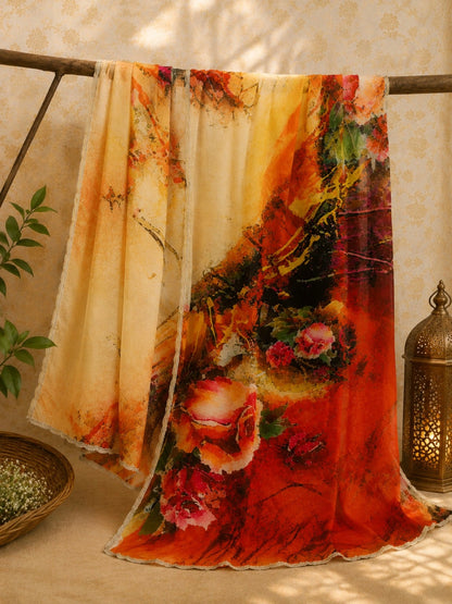 Pure Crepe Designer Print Saree with Abstract Floral Watercolor Pattern and Elegant Silver Border