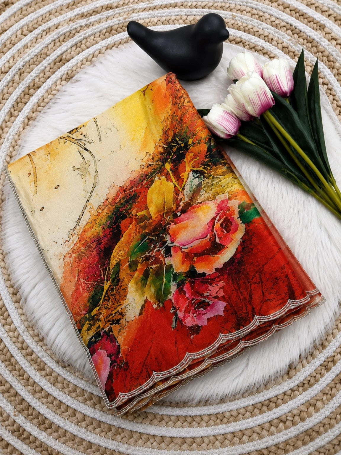 Pure Crepe Designer Print Saree with Abstract Floral Watercolor Pattern and Elegant Silver Border