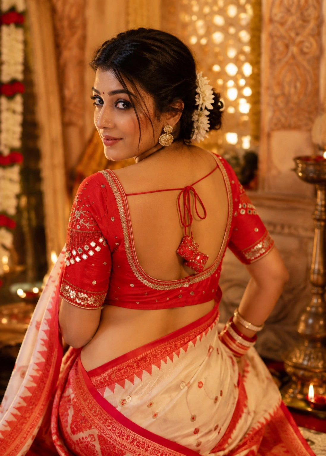 Red Raw Silk Mumtaz Cut Blouse with Ari Work, Mirror Embellishments & Sweetheart Neck