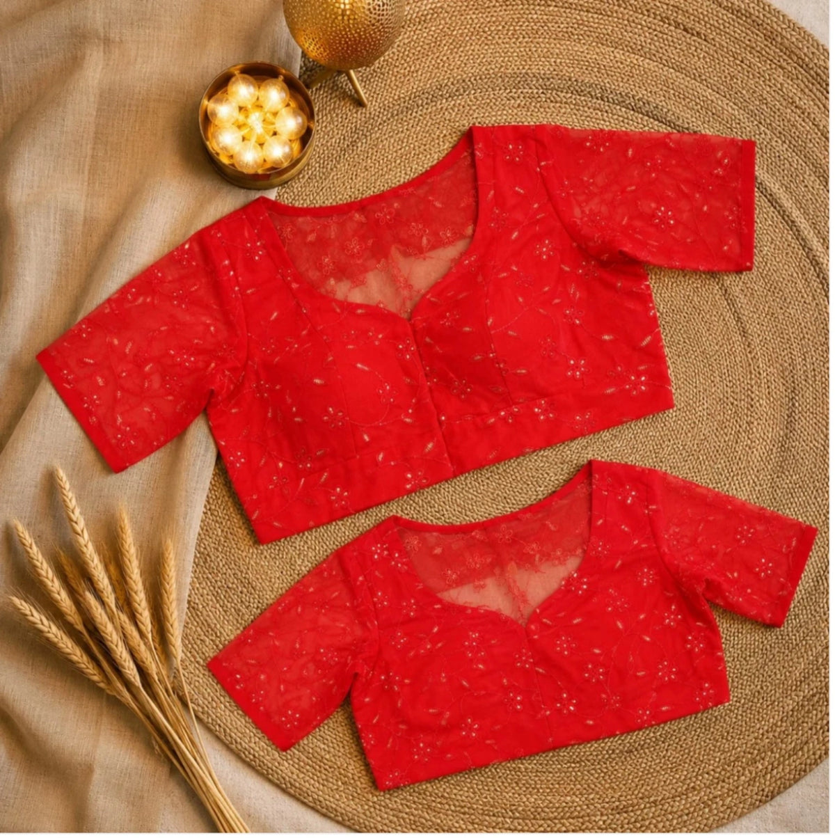 Red Organza Sequence Embroidered Sheer Sleeve Designer Blouse with Sweetheart Neck
