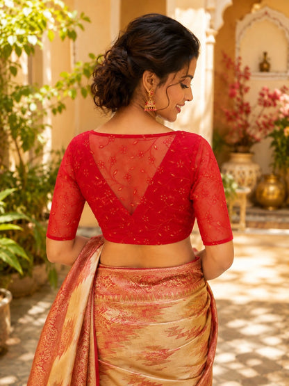 Red Organza Sequence Embroidered Sheer Sleeve Designer Blouse with Sweetheart Neck