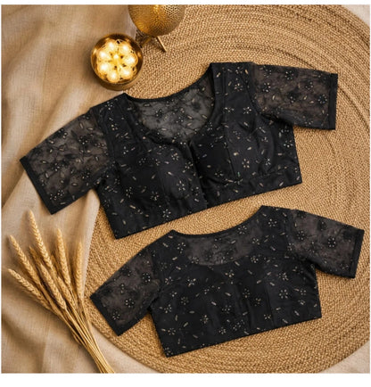 Black Organza Sequin Embroidered Sweetheart Neck Designer Blouse with Sheer Half Sleeves