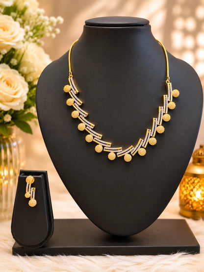 WEVOW Gold-Tone Crystal-Style Linear Necklace Set with Matching Drop Earrings | Elegant Festive Jewellery