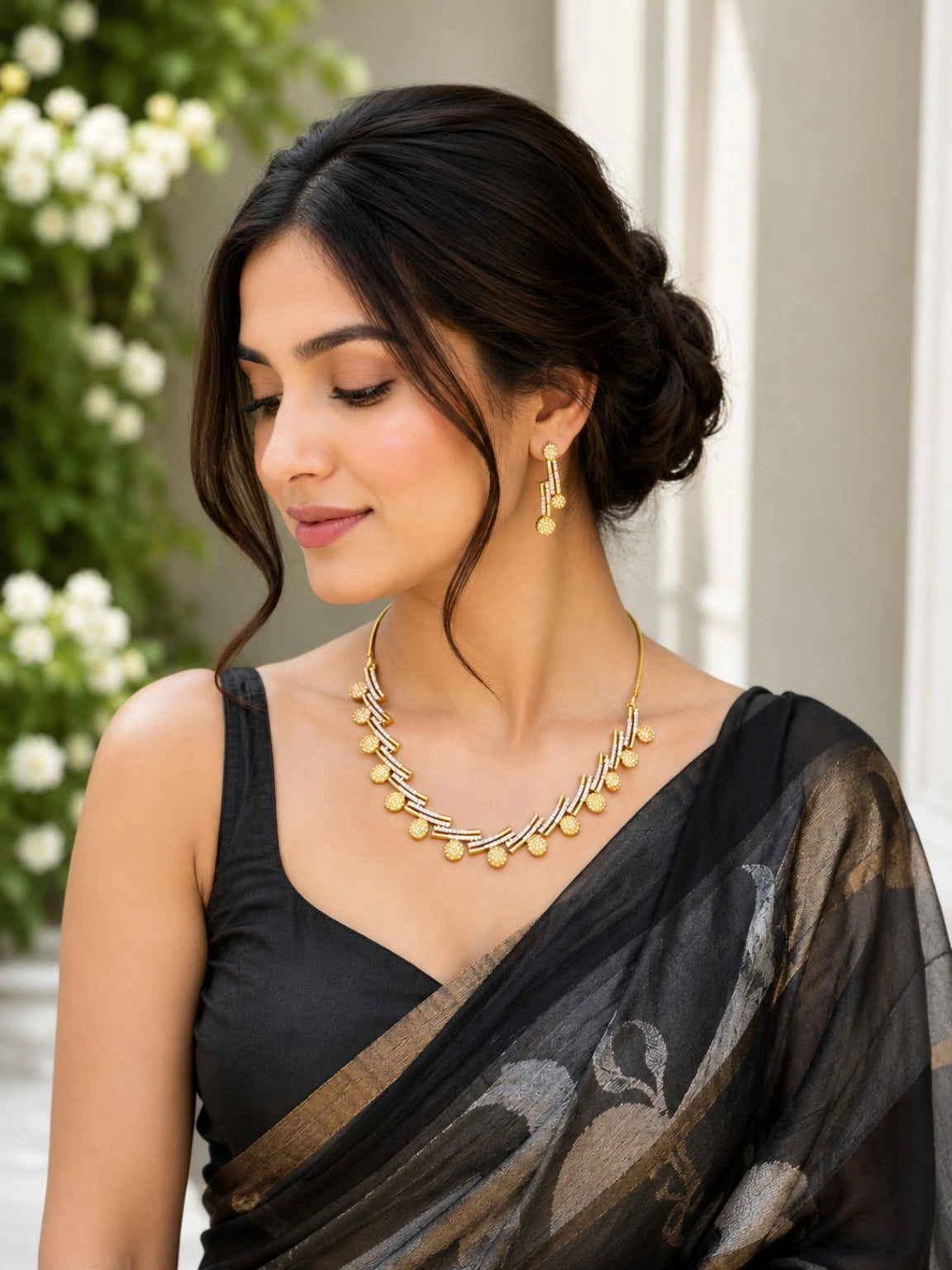 WEVOW Gold-Tone Crystal-Style Linear Necklace Set with Matching Drop Earrings | Elegant Festive Jewellery