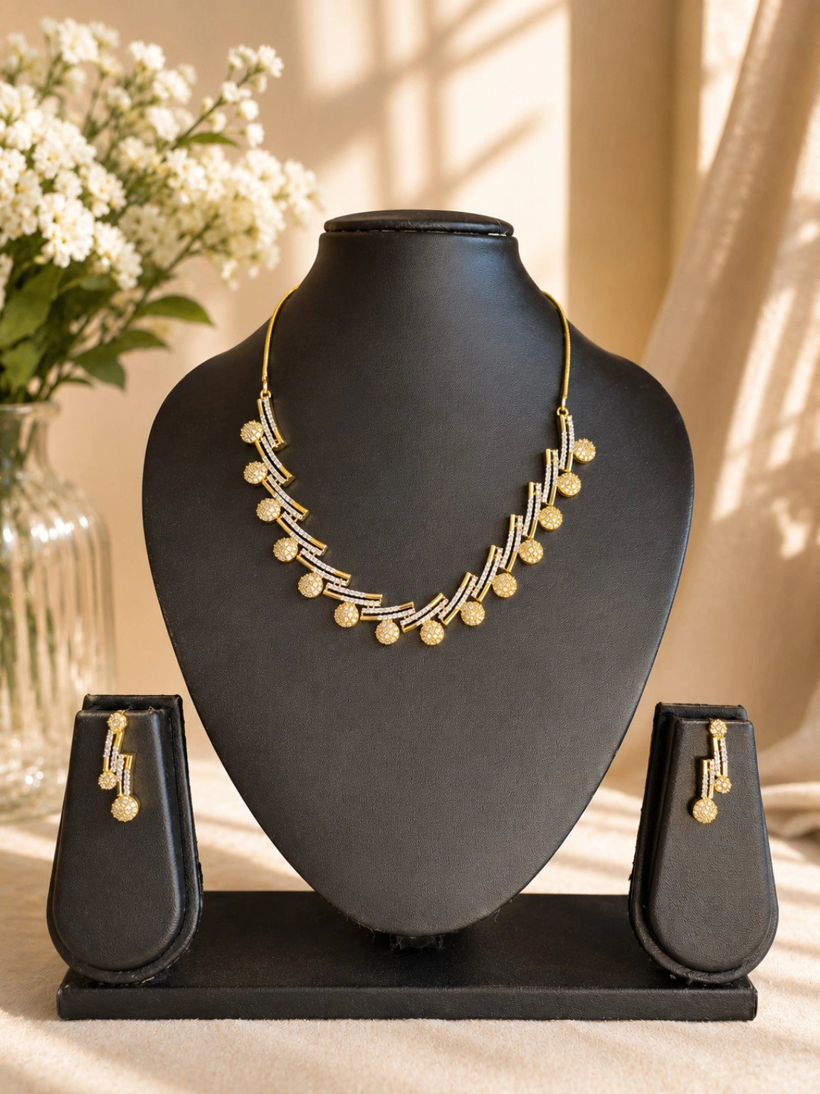 WEVOW Gold-Tone Crystal-Style Linear Necklace Set with Matching Drop Earrings | Elegant Festive Jewellery