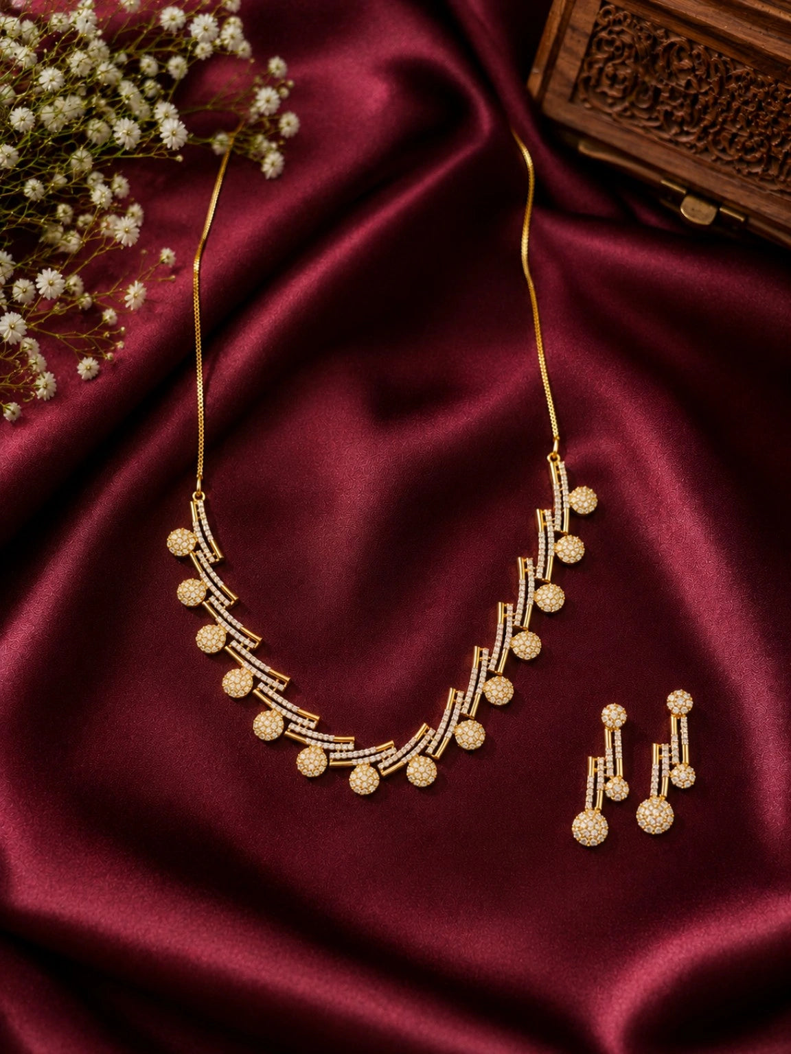 WEVOW Gold-Tone Crystal-Style Linear Necklace Set with Matching Drop Earrings | Elegant Festive Jewellery