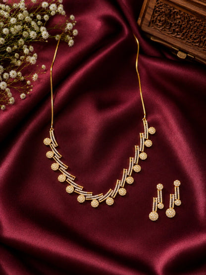 WEVOW Gold-Tone Crystal-Style Linear Necklace Set with Matching Drop Earrings | Elegant Festive Jewellery
