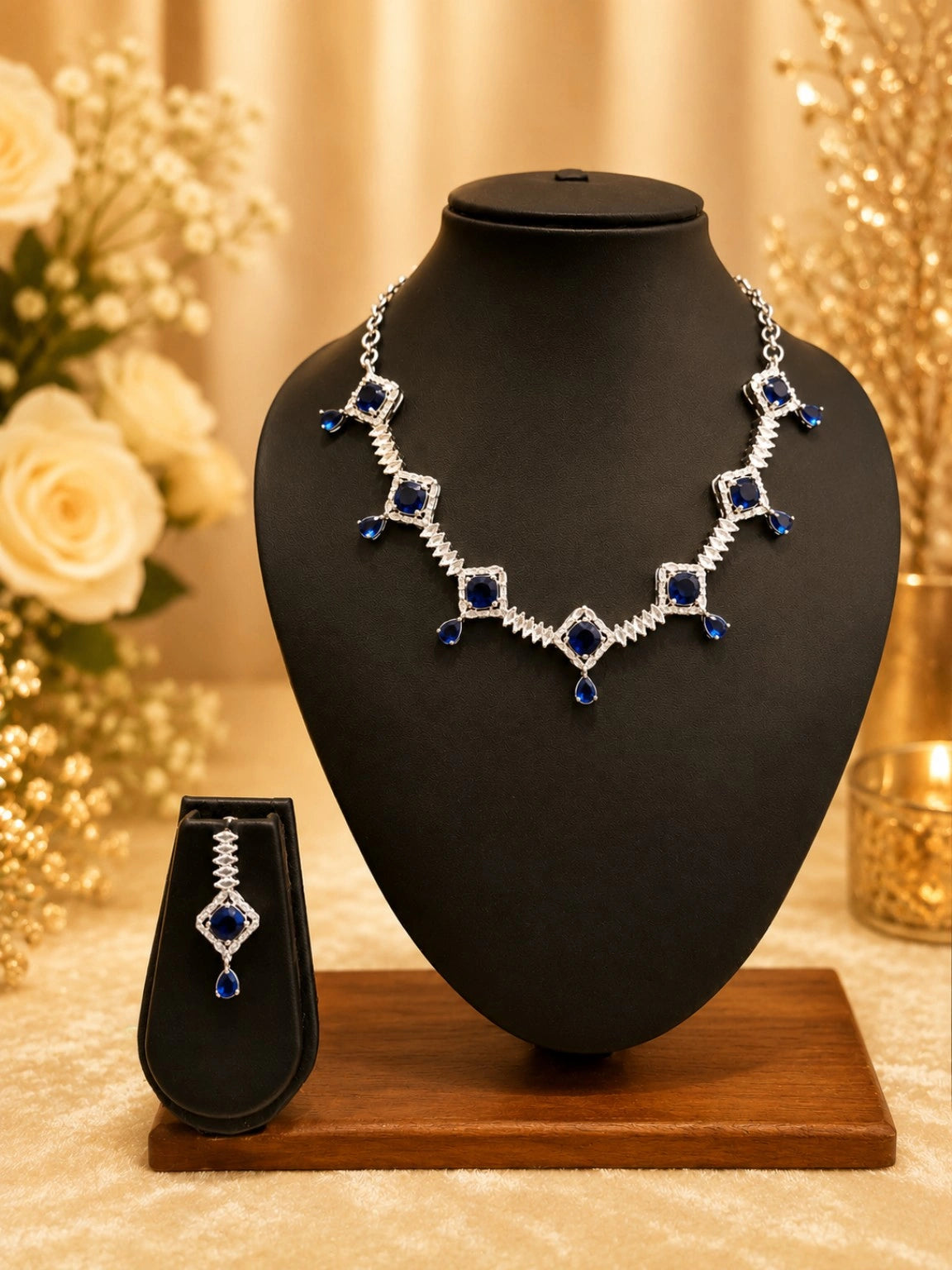 WEVOW Silver-Tone Blue Stone Geometric Necklace Set with Matching Drop Earrings | Elegant Party & Festive Jewellery