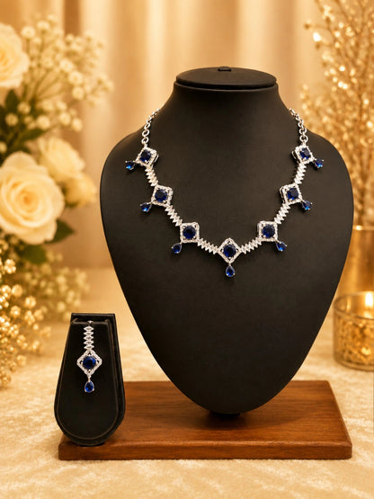 WEVOW Silver-Tone Blue Stone Geometric Necklace Set with Matching Drop Earrings | Elegant Party & Festive Jewellery
