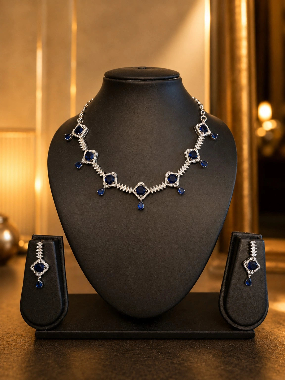 WEVOW Silver-Tone Blue Stone Geometric Necklace Set with Matching Drop Earrings | Elegant Party & Festive Jewellery