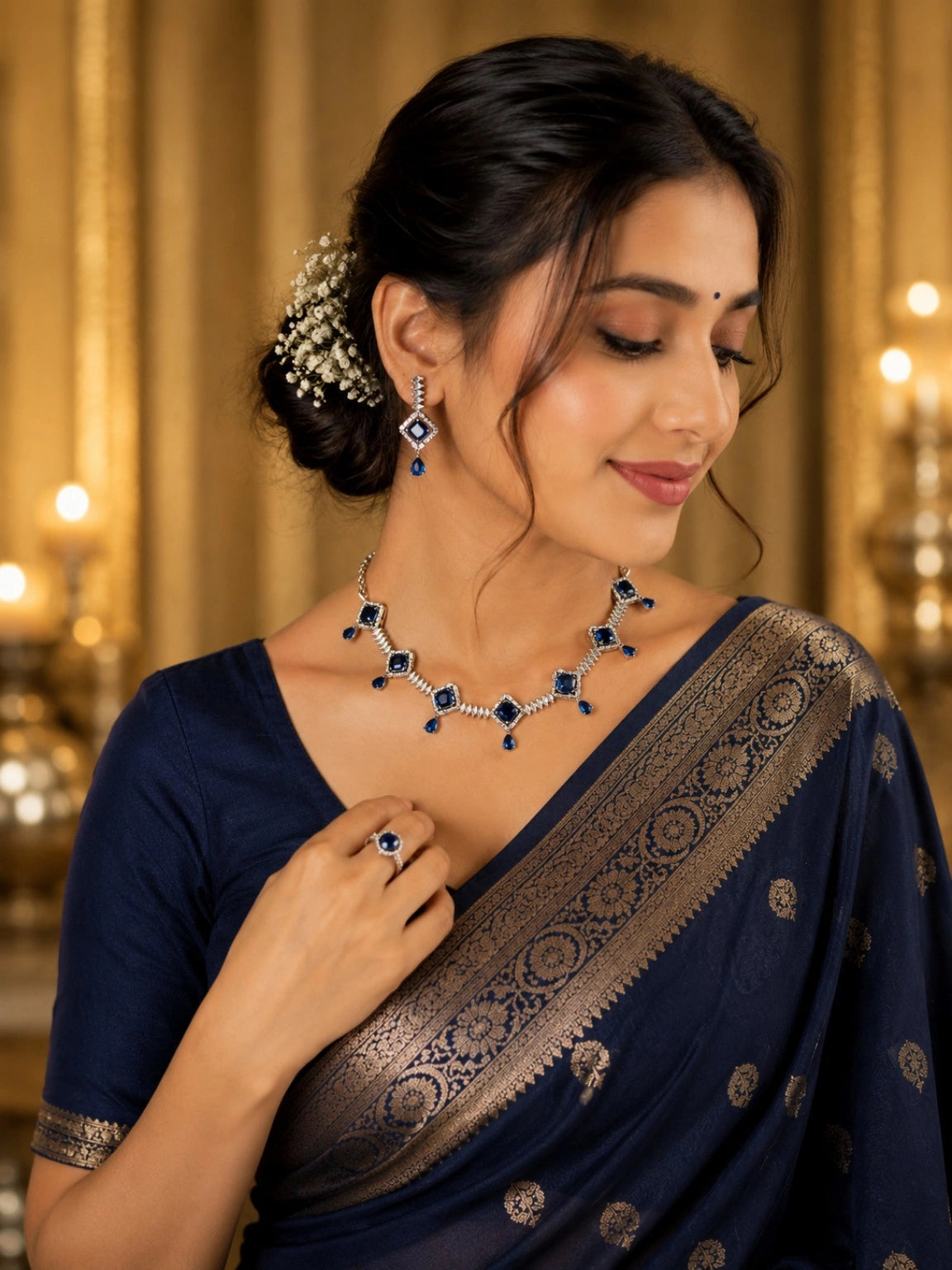 WEVOW Silver-Tone Blue Stone Geometric Necklace Set with Matching Drop Earrings | Elegant Party & Festive Jewellery