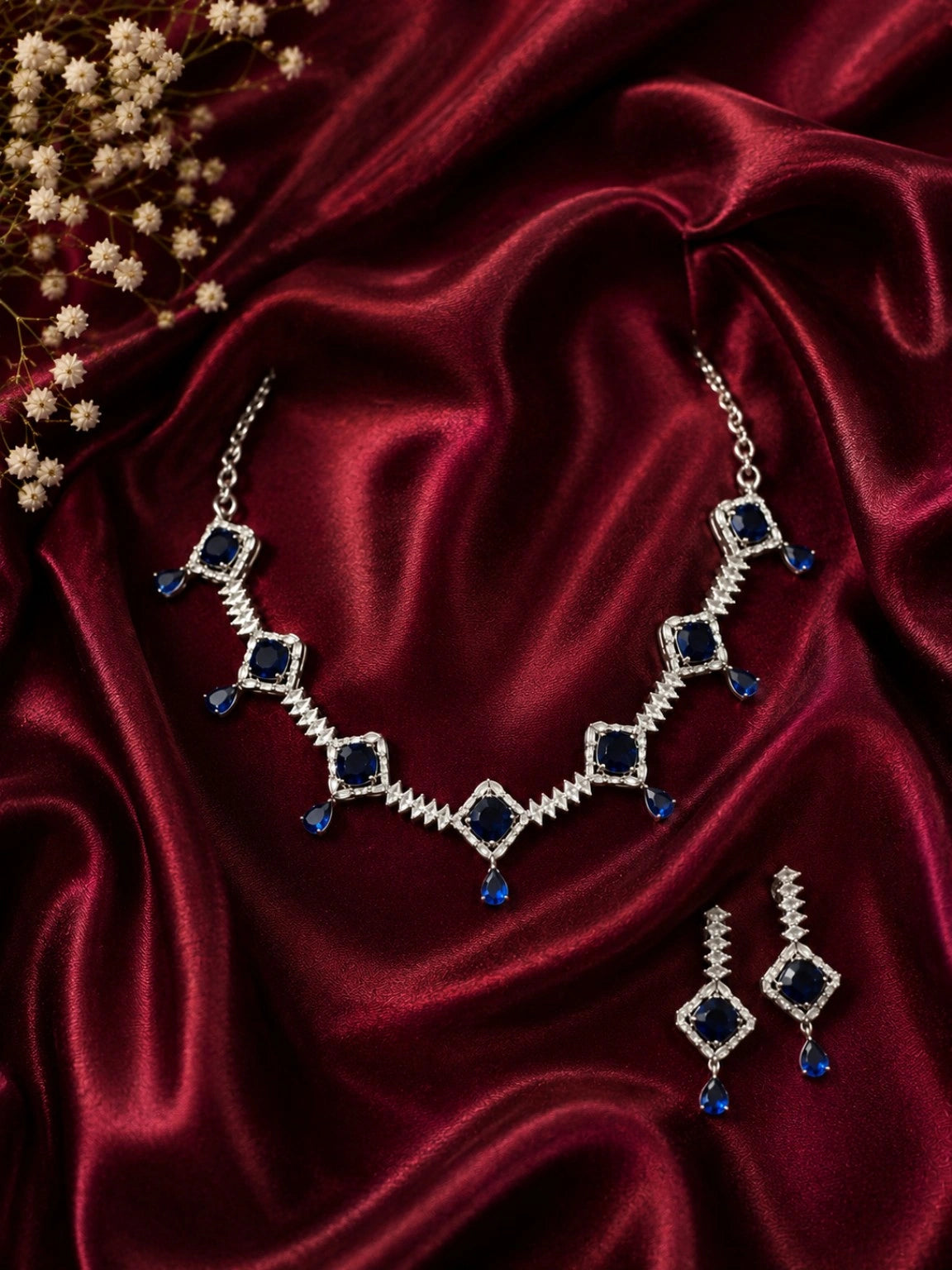 WEVOW Silver-Tone Blue Stone Geometric Necklace Set with Matching Drop Earrings | Elegant Party & Festive Jewellery