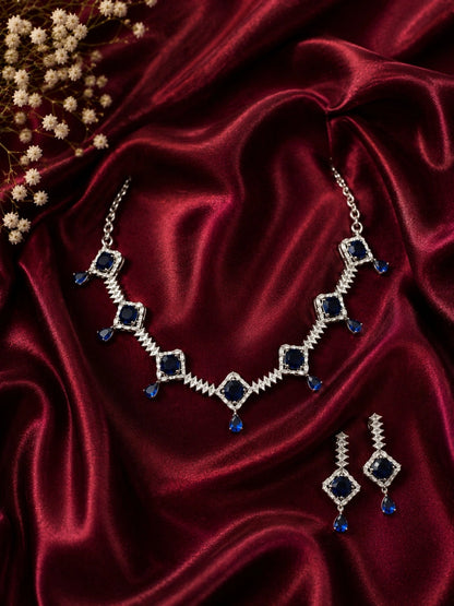 WEVOW Silver-Tone Blue Stone Geometric Necklace Set with Matching Drop Earrings | Elegant Party & Festive Jewellery