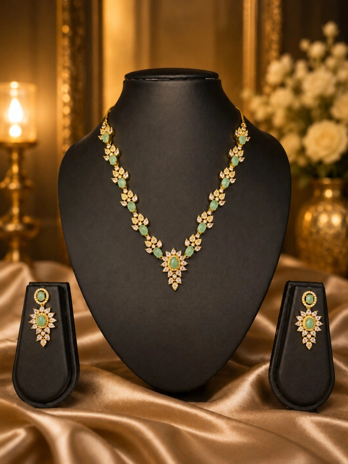 Gold-Tone Mint Green Stone Floral Necklace Set with Matching Earrings | Elegant Party & Festive Jewellery