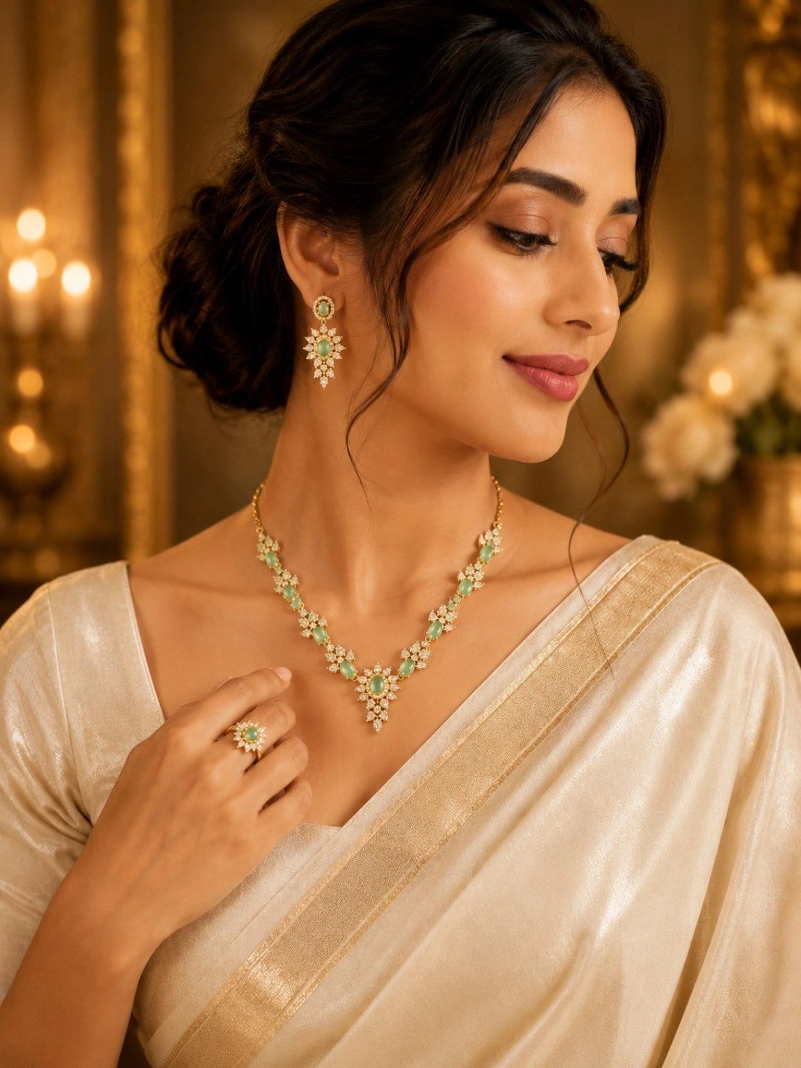 Gold-Tone Mint Green Stone Floral Necklace Set with Matching Earrings | Elegant Party & Festive Jewellery