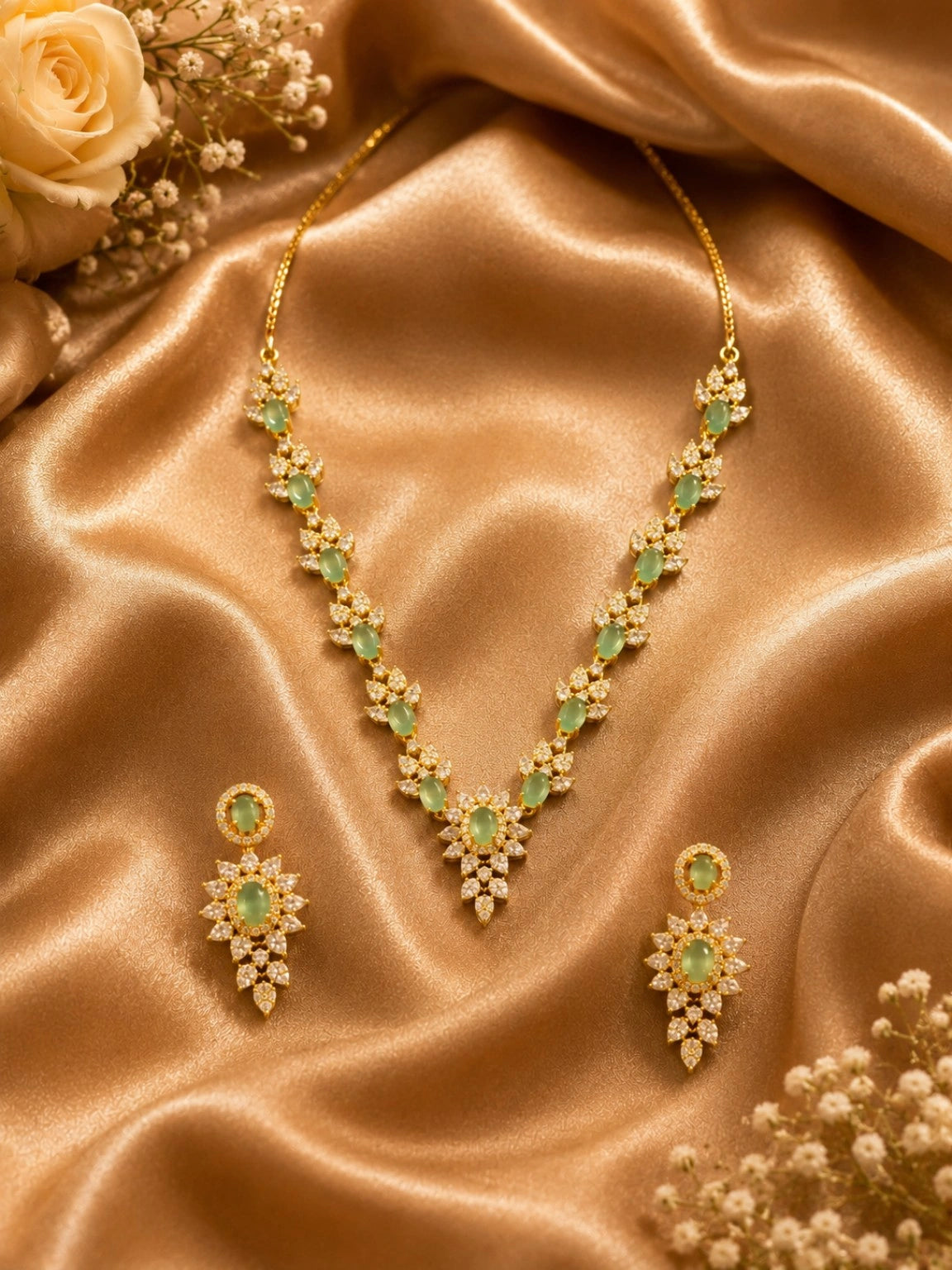 Gold-Tone Mint Green Stone Floral Necklace Set with Matching Earrings | Elegant Party & Festive Jewellery