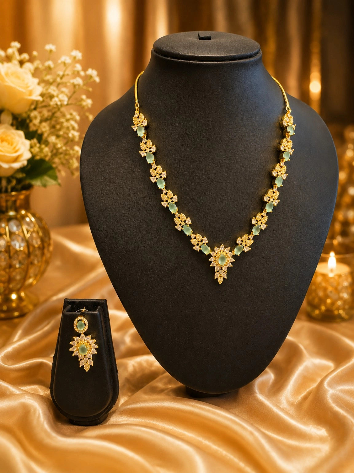 Gold-Tone Mint Green Stone Floral Necklace Set with Matching Earrings | Elegant Party & Festive Jewellery