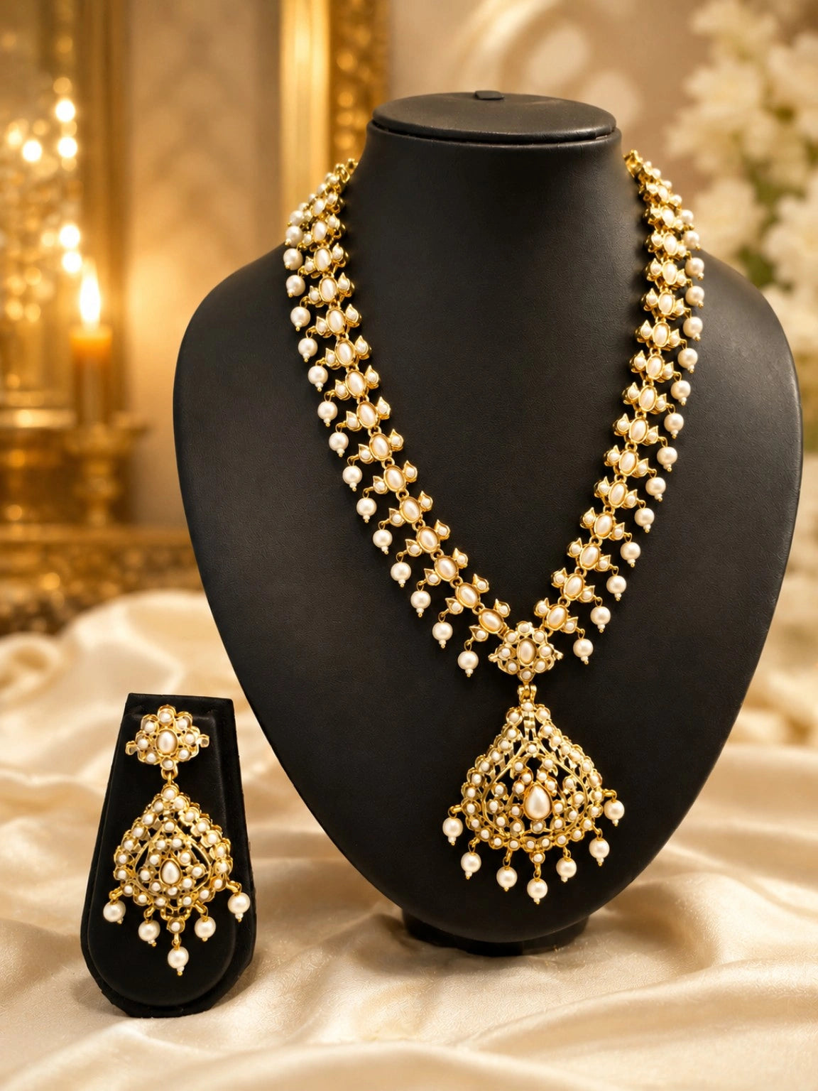 WEVOW Gold-Tone Pearlwork Necklace Set 5336 with Statement Pendant & Matching Earrings | Traditional Festive Jewellery