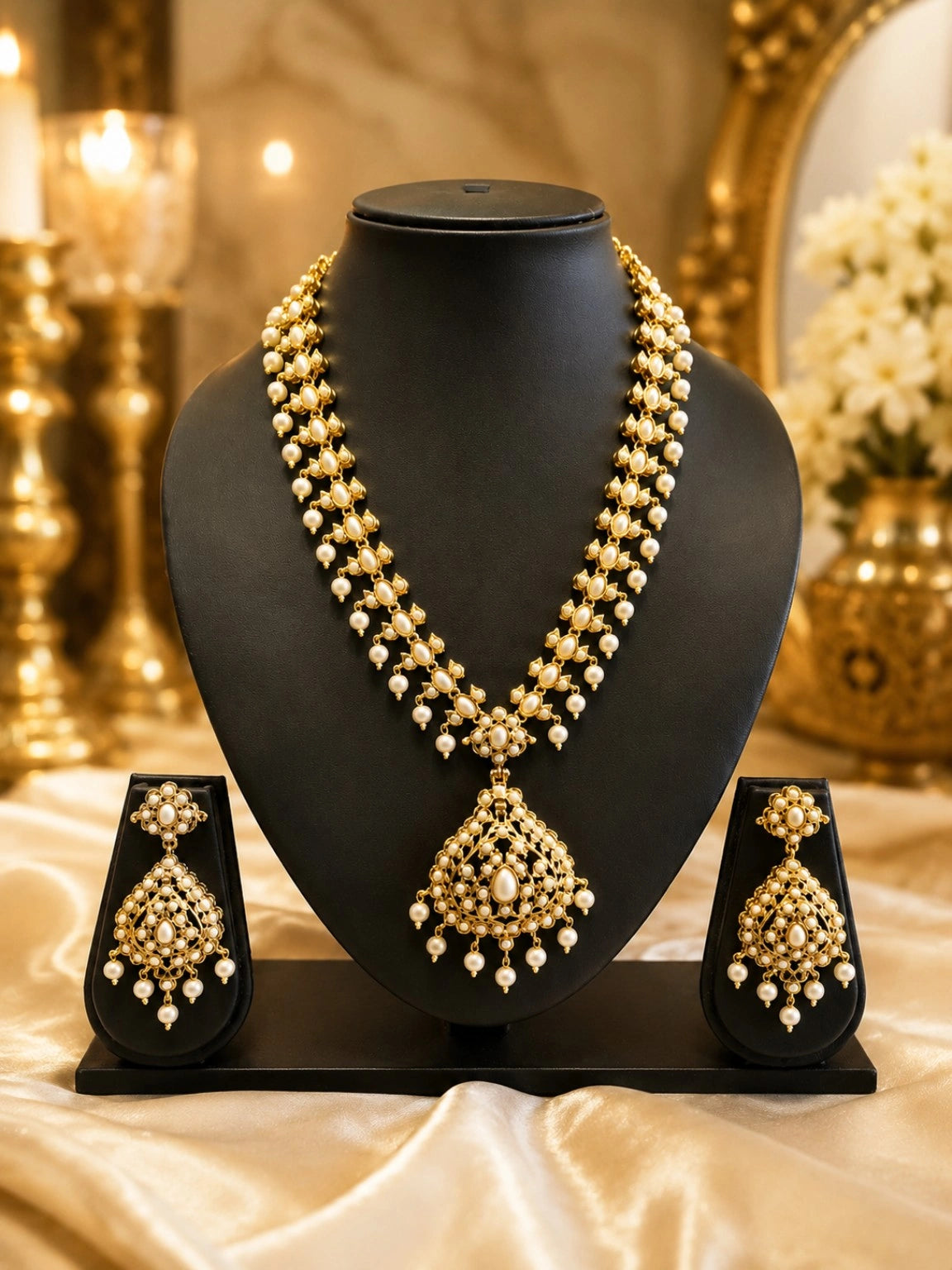 WEVOW Gold-Tone Pearlwork Necklace Set 5336 with Statement Pendant & Matching Earrings | Traditional Festive Jewellery