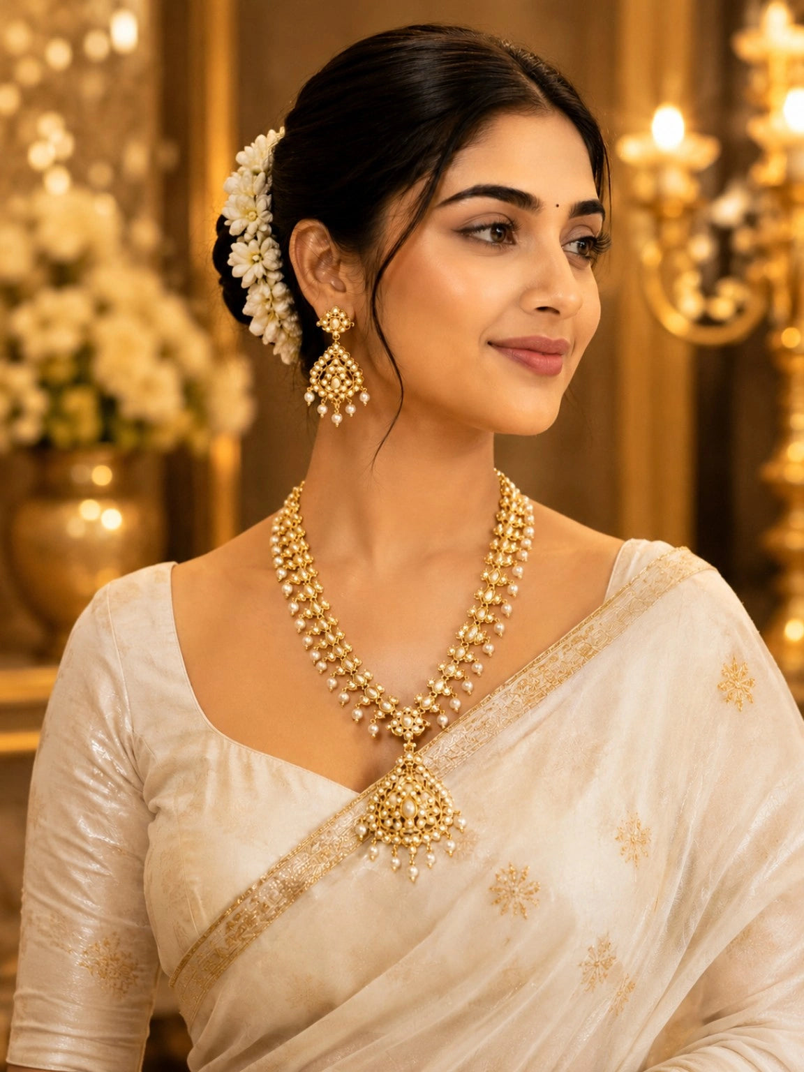 WEVOW Gold-Tone Pearlwork Necklace Set 5336 with Statement Pendant & Matching Earrings | Traditional Festive Jewellery