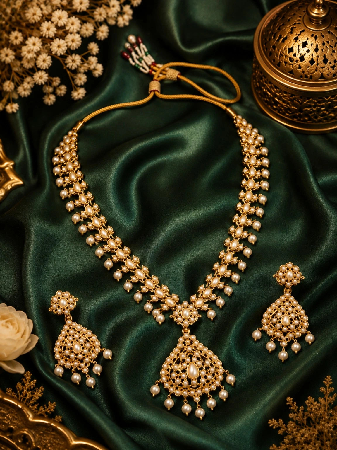 WEVOW Gold-Tone Pearlwork Necklace Set 5336 with Statement Pendant & Matching Earrings | Traditional Festive Jewellery