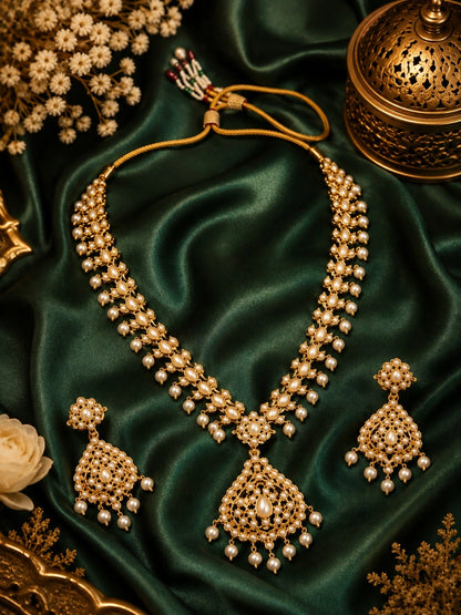 WEVOW Gold-Tone Pearlwork Necklace Set 5336 with Statement Pendant & Matching Earrings | Traditional Festive Jewellery