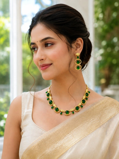WEVOW Gold-Tone Green Stone Necklace Set with Matching Drop Earrings | Elegant Party & Festive Jewellery