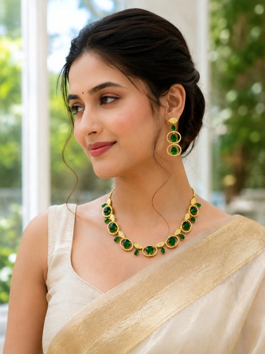 WEVOW Gold-Tone Green Stone Necklace Set with Matching Drop Earrings | Elegant Party & Festive Jewellery