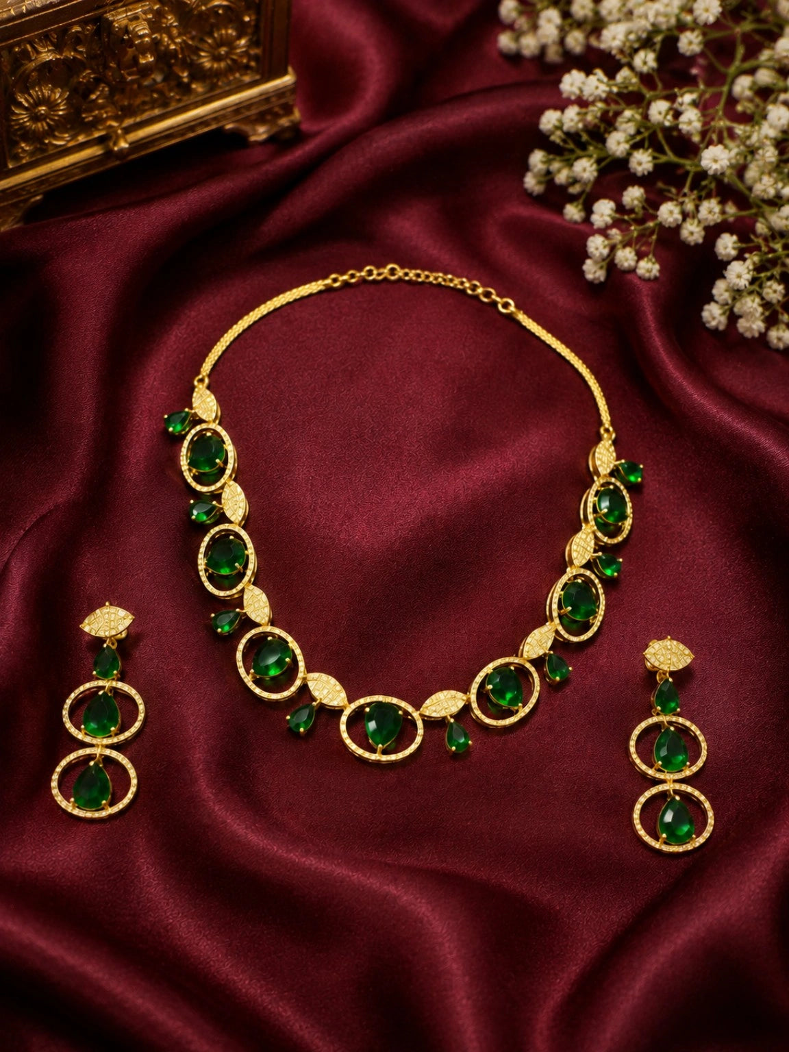 WEVOW Gold-Tone Green Stone Necklace Set with Matching Drop Earrings | Elegant Party & Festive Jewellery