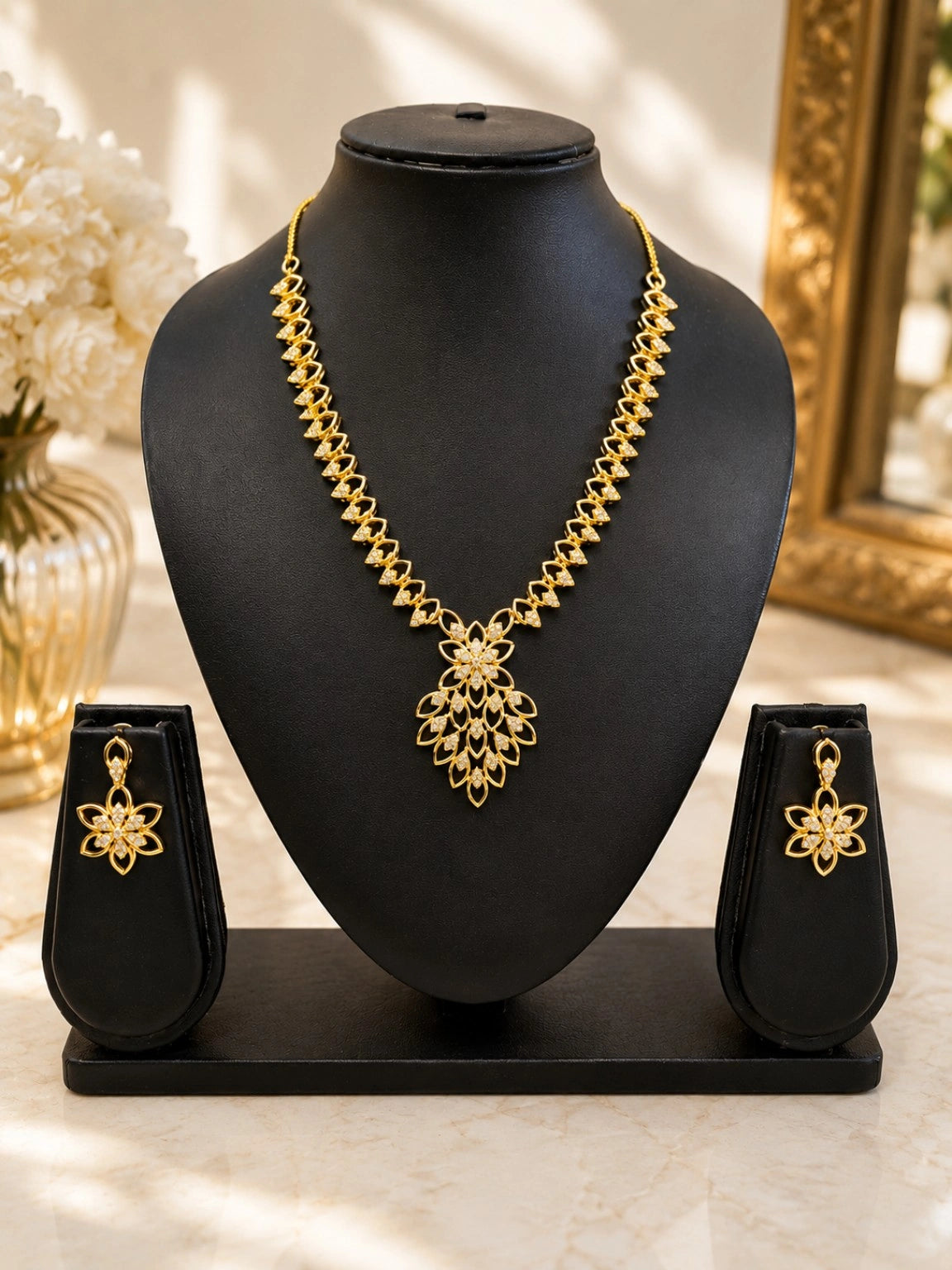 Gold-Tone Floral Pendant Necklace Set with Matching Drop Earrings | Elegant Festive & Party Wear Jewellery