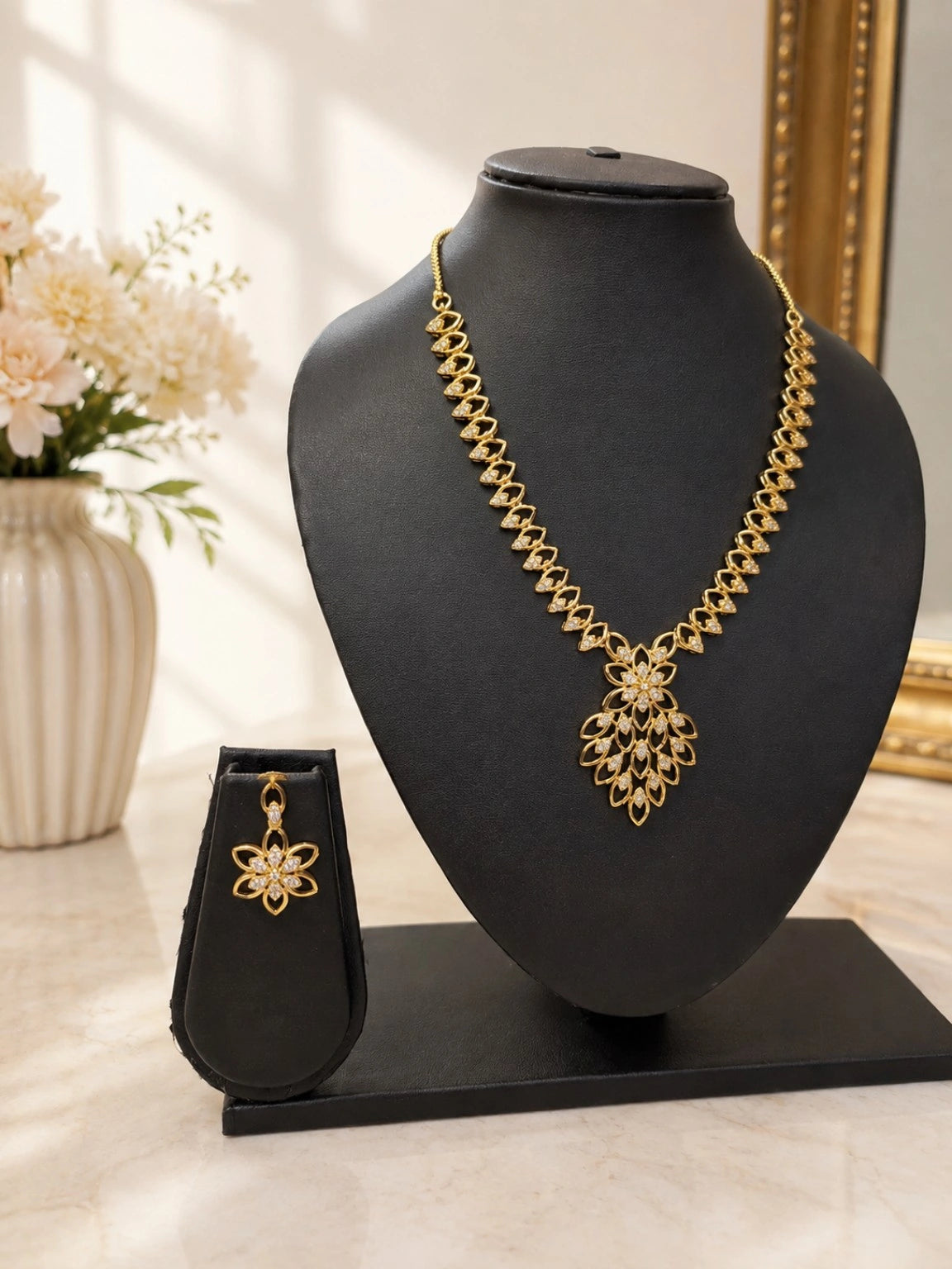 Gold-Tone Floral Pendant Necklace Set with Matching Drop Earrings | Elegant Festive & Party Wear Jewellery