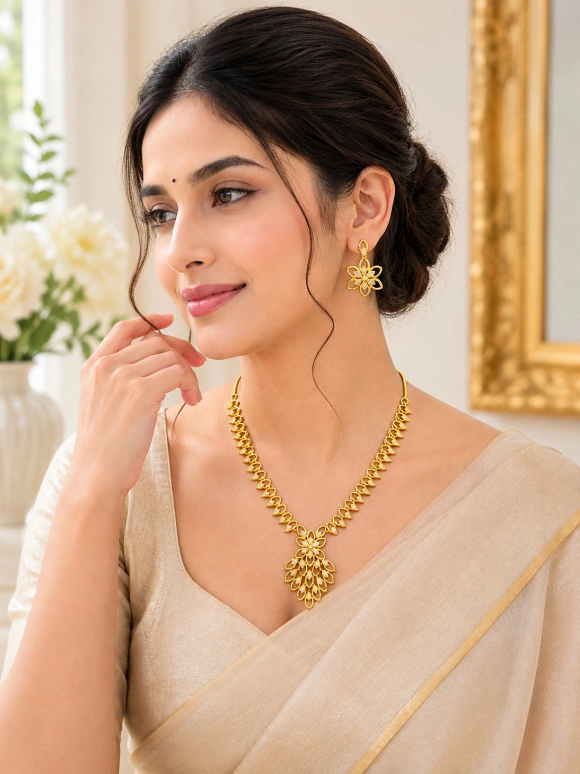 Gold-Tone Floral Pendant Necklace Set with Matching Drop Earrings | Elegant Festive & Party Wear Jewellery
