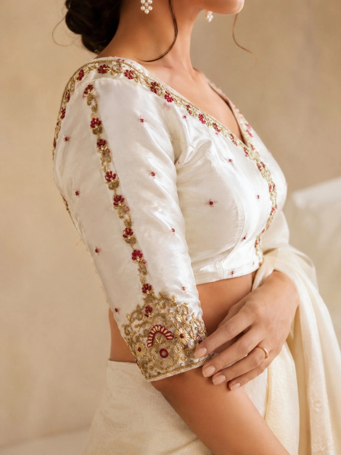 WEVOW White Fandy Satin Zardozi Embroidered Designer Blouse with Floral Beadwork