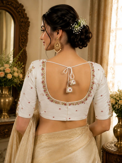 WEVOW White Fandy Satin Zardozi Embroidered Designer Blouse with Floral Beadwork