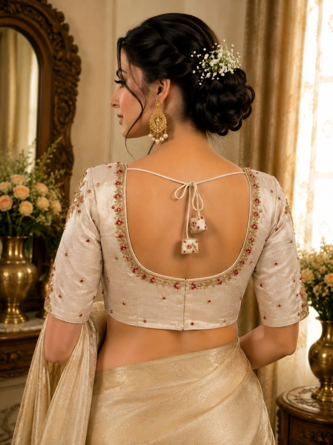 Light Golden Fandy Satin Zardozi Work Blouse with Hand-Embellished Neckline