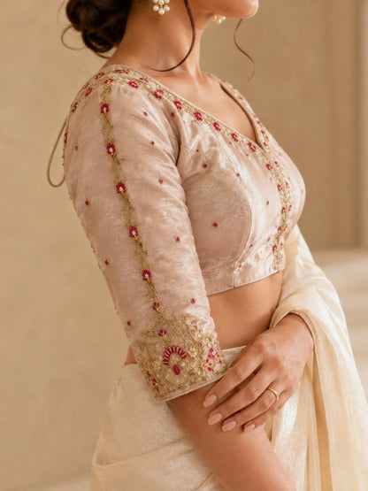 Light Golden Fandy Satin Zardozi Work Blouse with Hand-Embellished Neckline