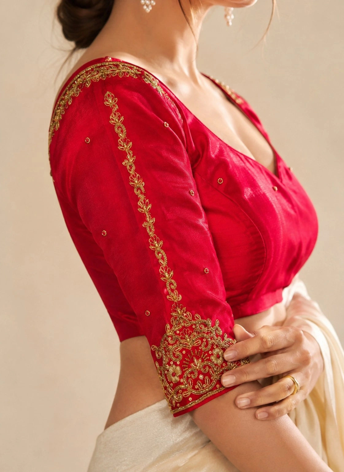 Red Fandy Satin Zardozi Embroidered Sweetheart Neck Party Wear Blouse