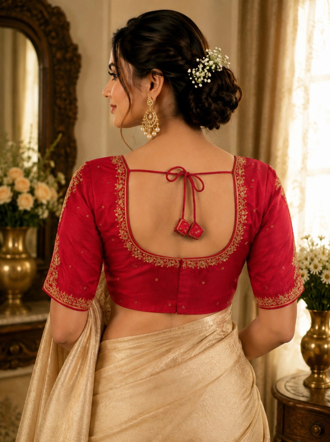 Red Fandy Satin Zardozi Embroidered Sweetheart Neck Party Wear Blouse