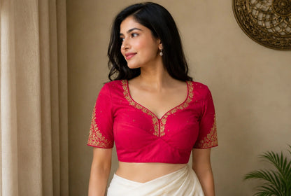 WEVOW Pink Fandy Satin Zardozi Work Designer Blouse with Embroidered Sweetheart Neck Party Wear