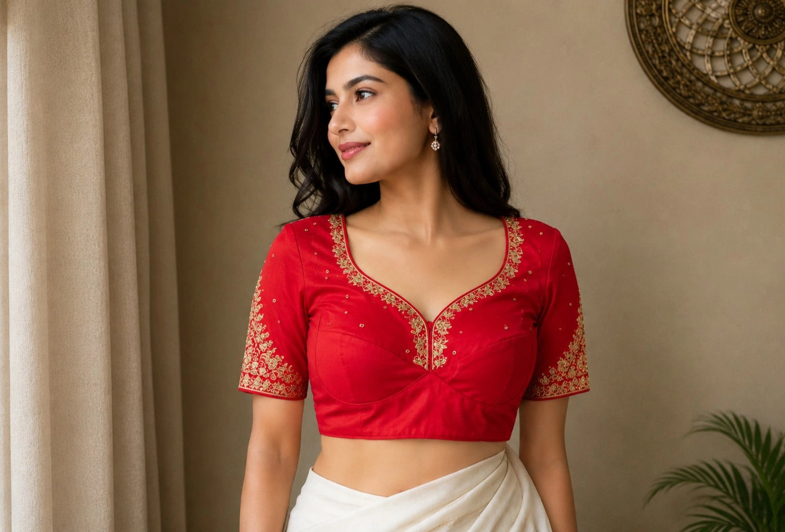 Red Fandy Satin Zardozi Embroidered Sweetheart Neck Party Wear Blouse