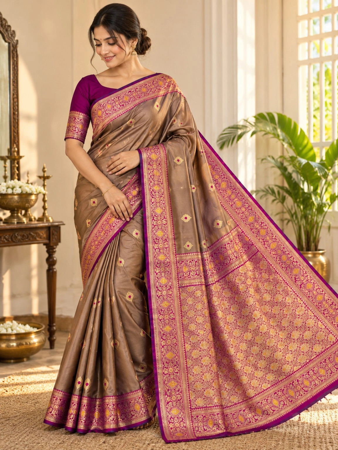 Semi Katan Silk Big Buta Kanji Saree in Brown with Magenta Gold Zari Border