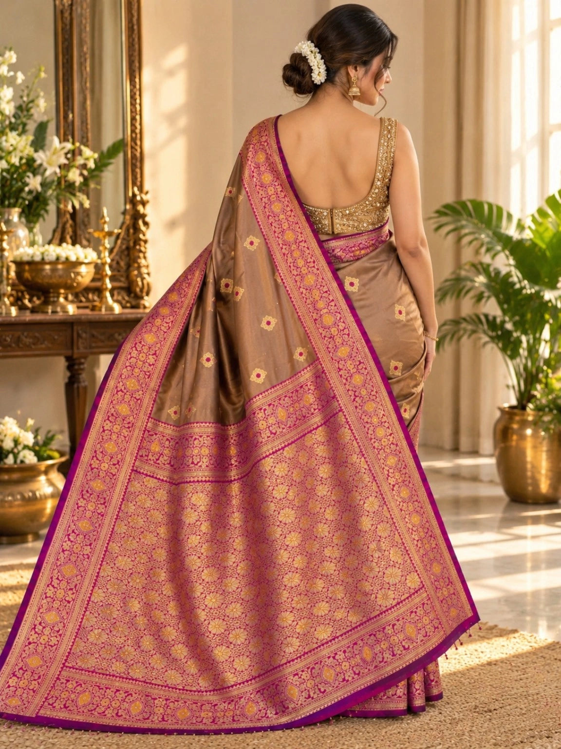 Semi Katan Silk Big Buta Kanji Saree in Brown with Magenta Gold Zari Border