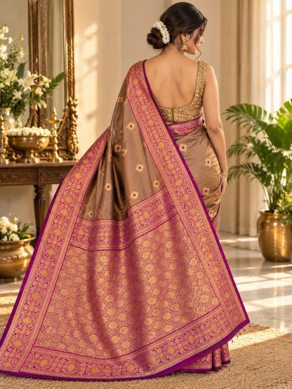 Semi Katan Silk Big Buta Kanji Saree in Brown with Magenta Gold Zari Border