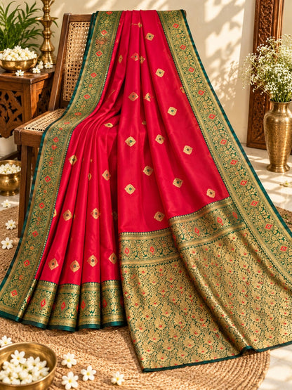 Red Sem Katan Big Buta Kanji Saree with Green Floral Zari Border