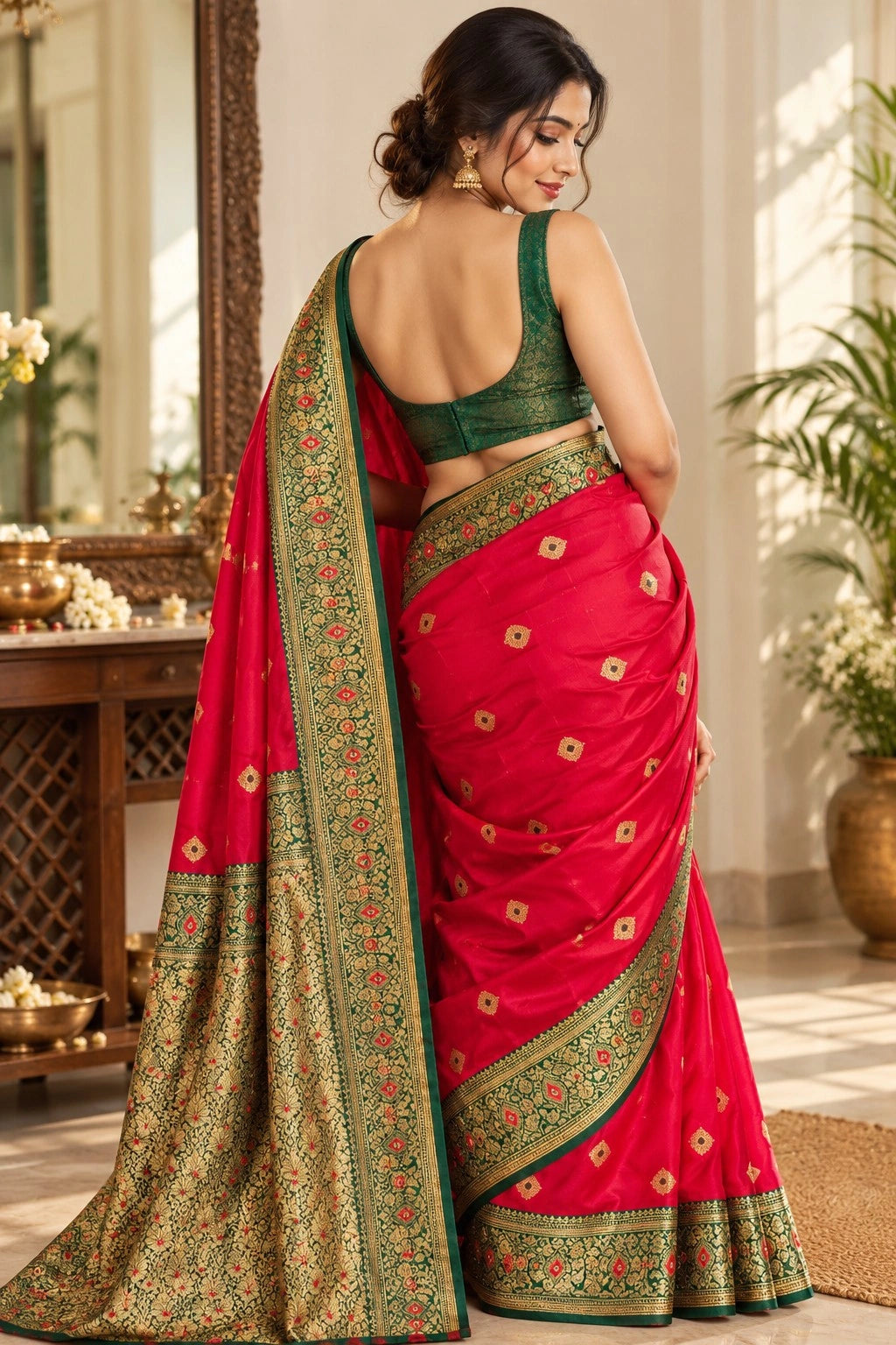 Red Sem Katan Big Buta Kanji Saree with Green Floral Zari Border