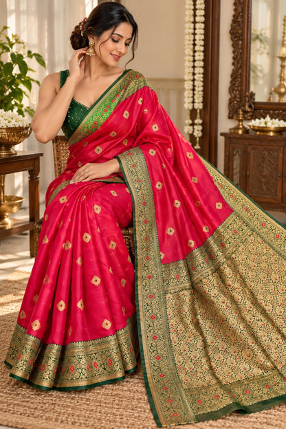 Red Sem Katan Big Buta Kanji Saree with Green Floral Zari Border