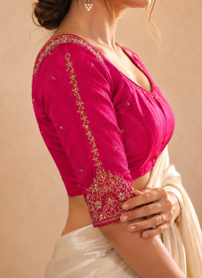 WEVOW Pink Fandy Satin Zardozi Work Designer Blouse with Embroidered Sweetheart Neck Party Wear