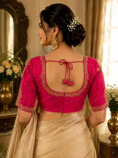 WEVOW Pink Fandy Satin Zardozi Work Designer Blouse with Embroidered Sweetheart Neck Party Wear